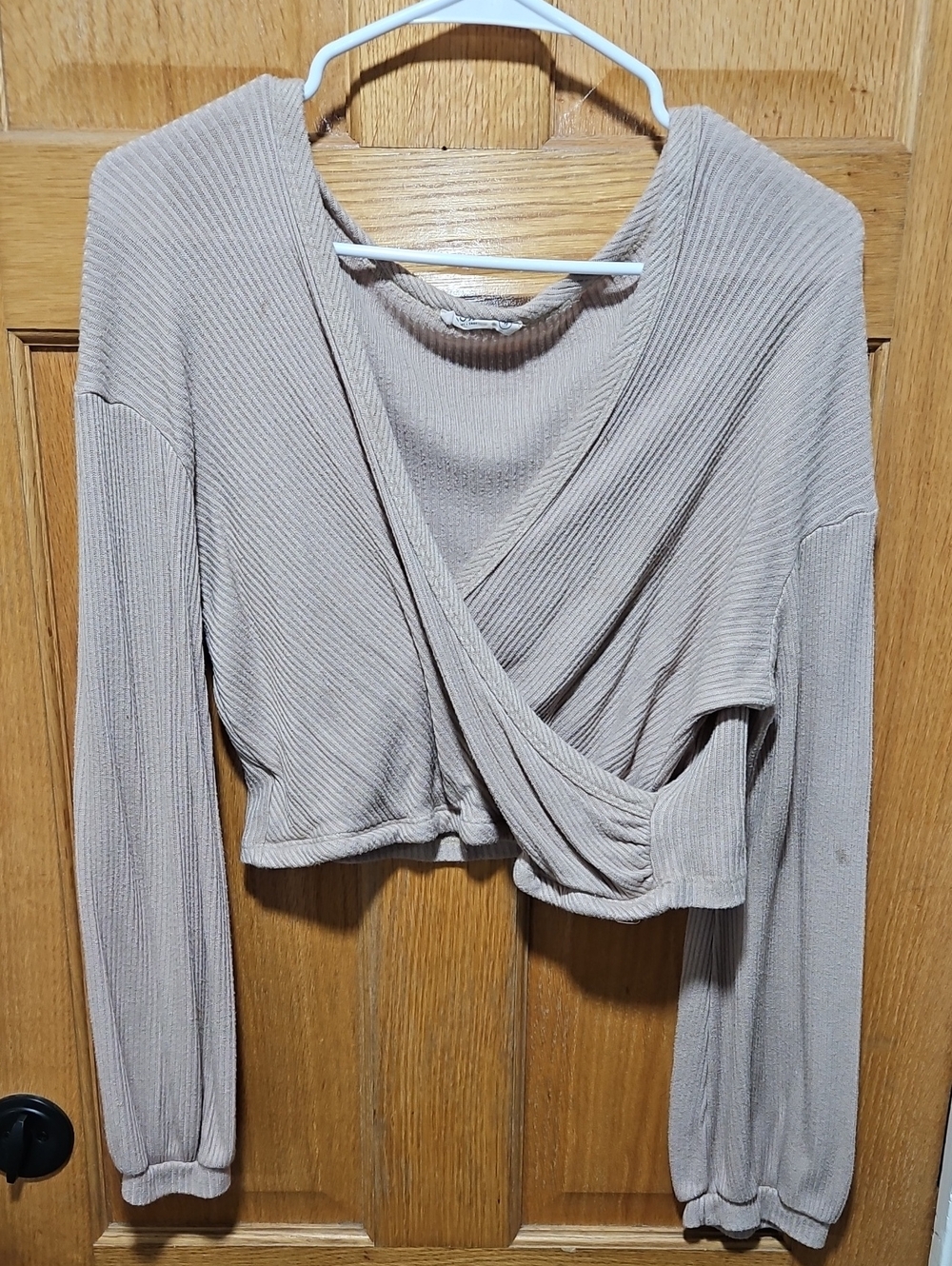Sozy Ribbed Wrap-Front Long Sleeve Sweater - Taupe